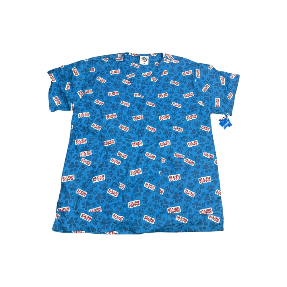 Slush Puppies Scrub Top Blue All Over Print V-Neck Medical Uniform Medium